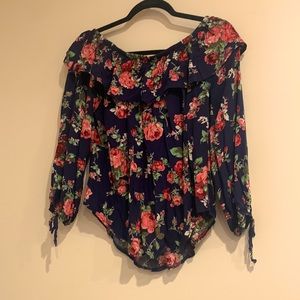 Ganji LA floral ruffled top- multi color: navy blue, red, and green.